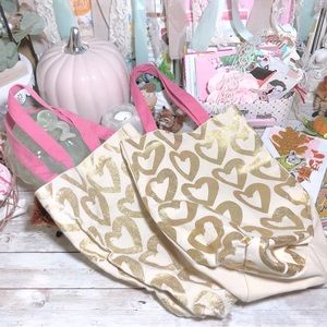 Target Gold Foil Heart Print Canvas Tote Bags Pink Handles Lot Of 2 Valentine’s